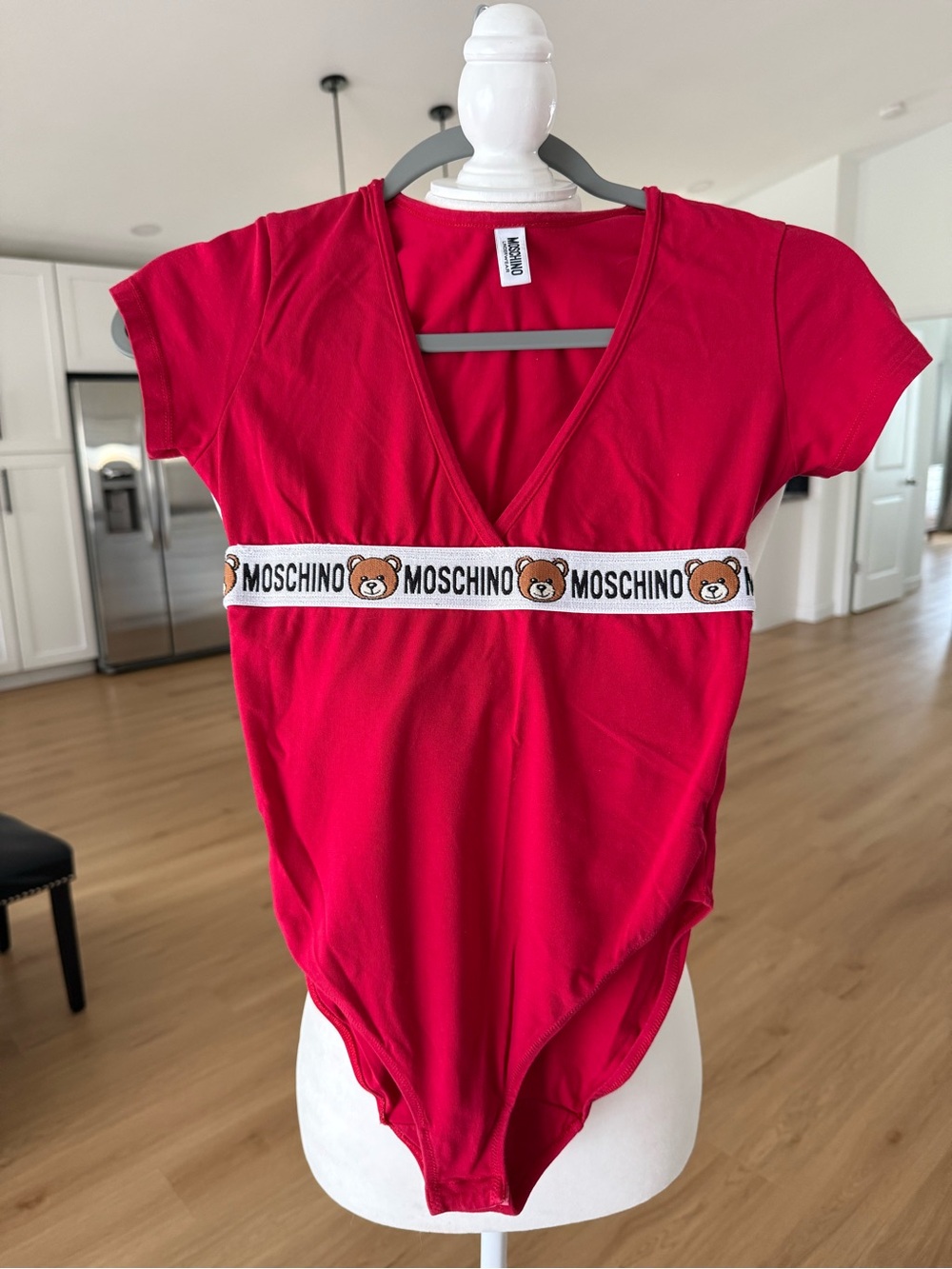 Moschino Red Short Sleeve Bodysuit with Logo